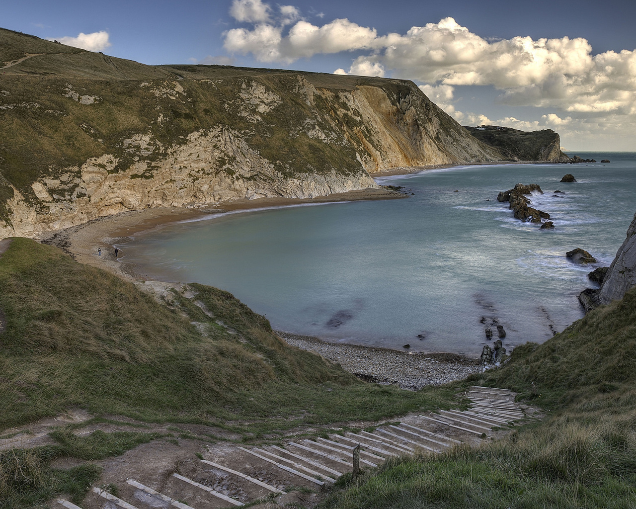 ocean, mountain, water, stand, path, grass