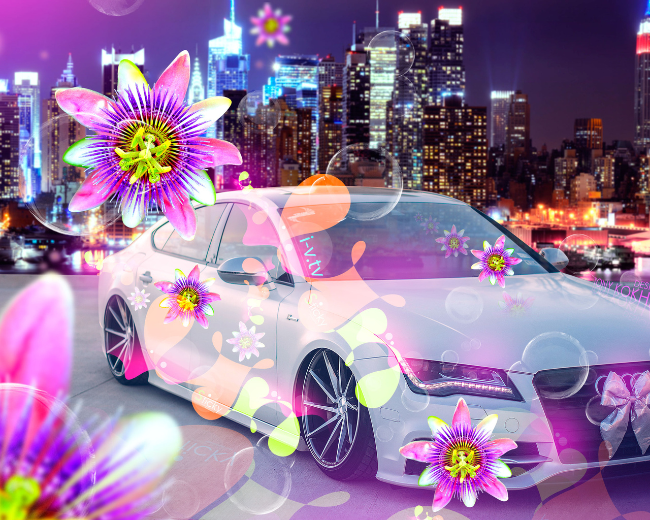 tony kokhan, audi, a7, tuning, el tony cars, creative, 4k, wallpapers, design, art, style, glamour, ino vision, tv, city, flowers, effects, multicolors, pink, neon, auto, photoshop, march 8, holiday, for, girls, bubble, night,  , , , 