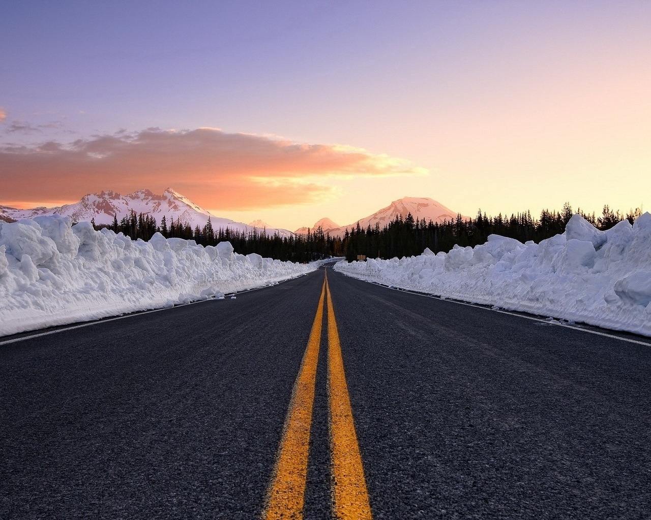 road, winter, mountain, sky, tree, clouds