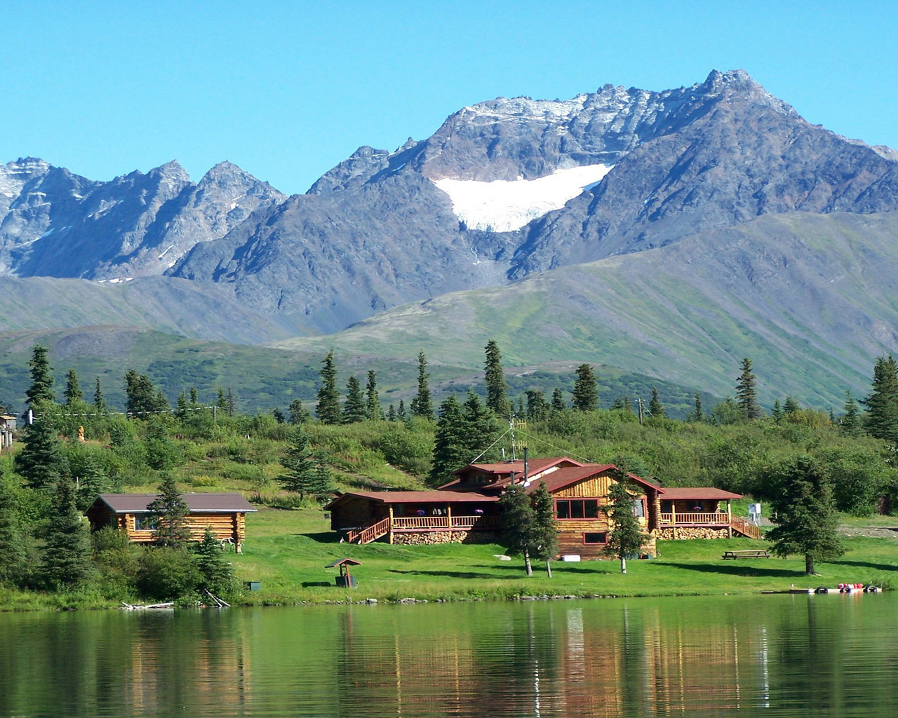 lake, housess, mountain, water, tree, grass