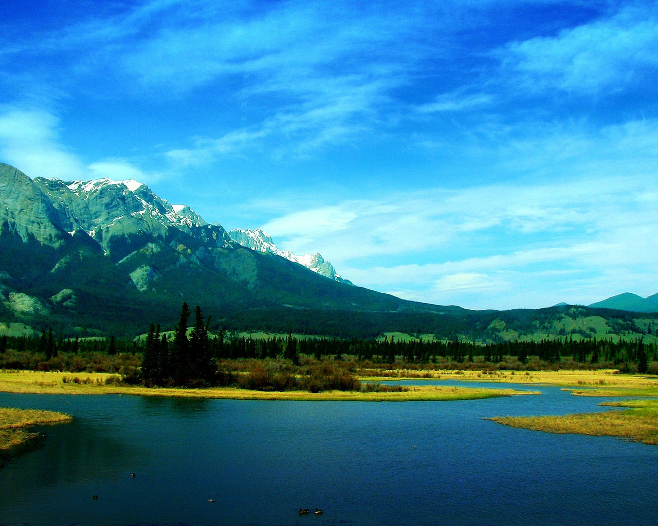 lake, mountain, tree, forest, water, sky, blue