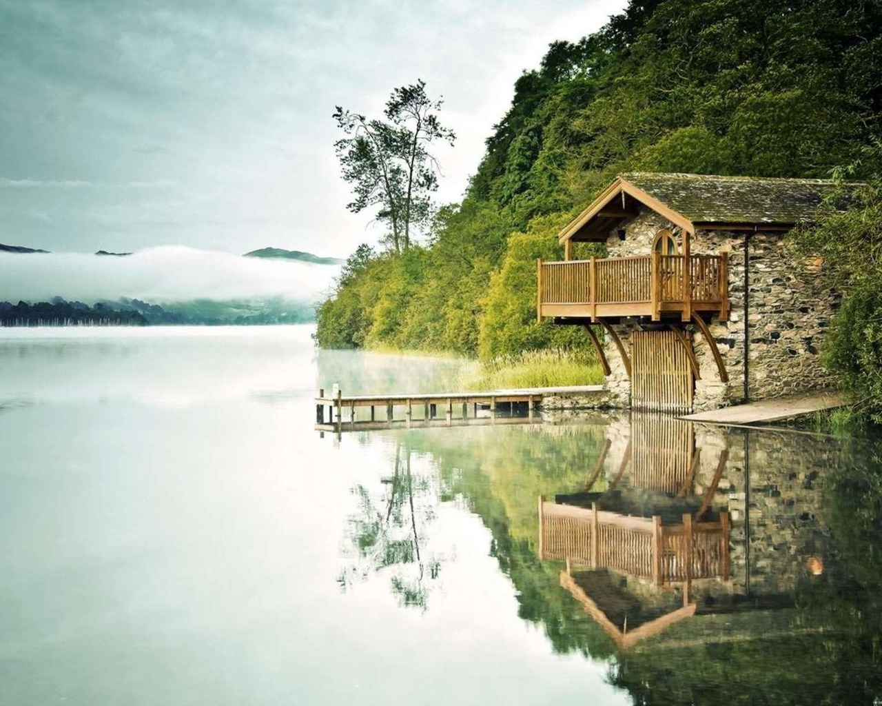 house, shore, lake, water, mist, tree