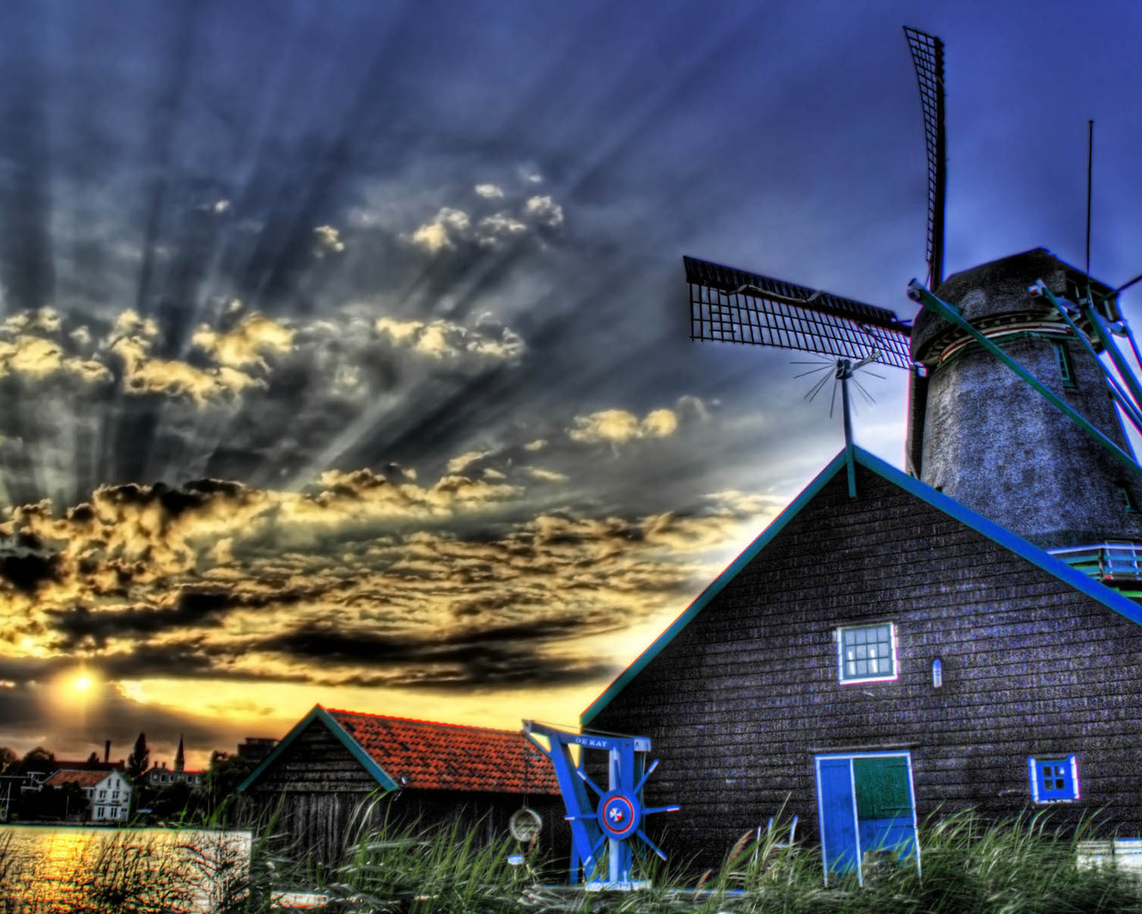 mills, sky, clouds, grass, house, sunlight, river