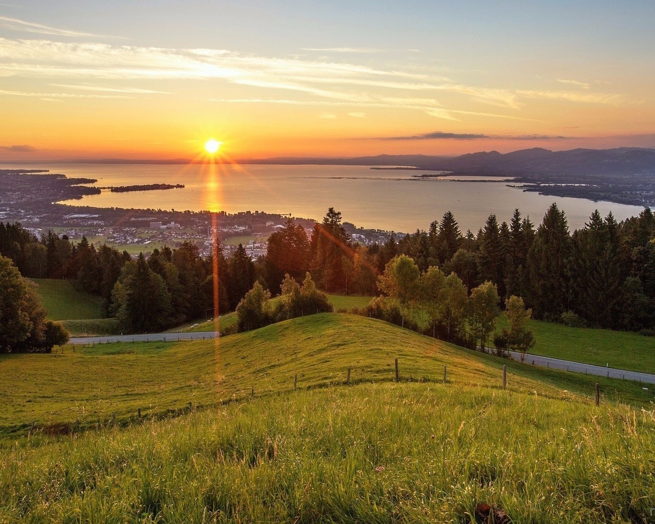 sunset, tree, mountain, grass, sky, clouds, hills, ocean