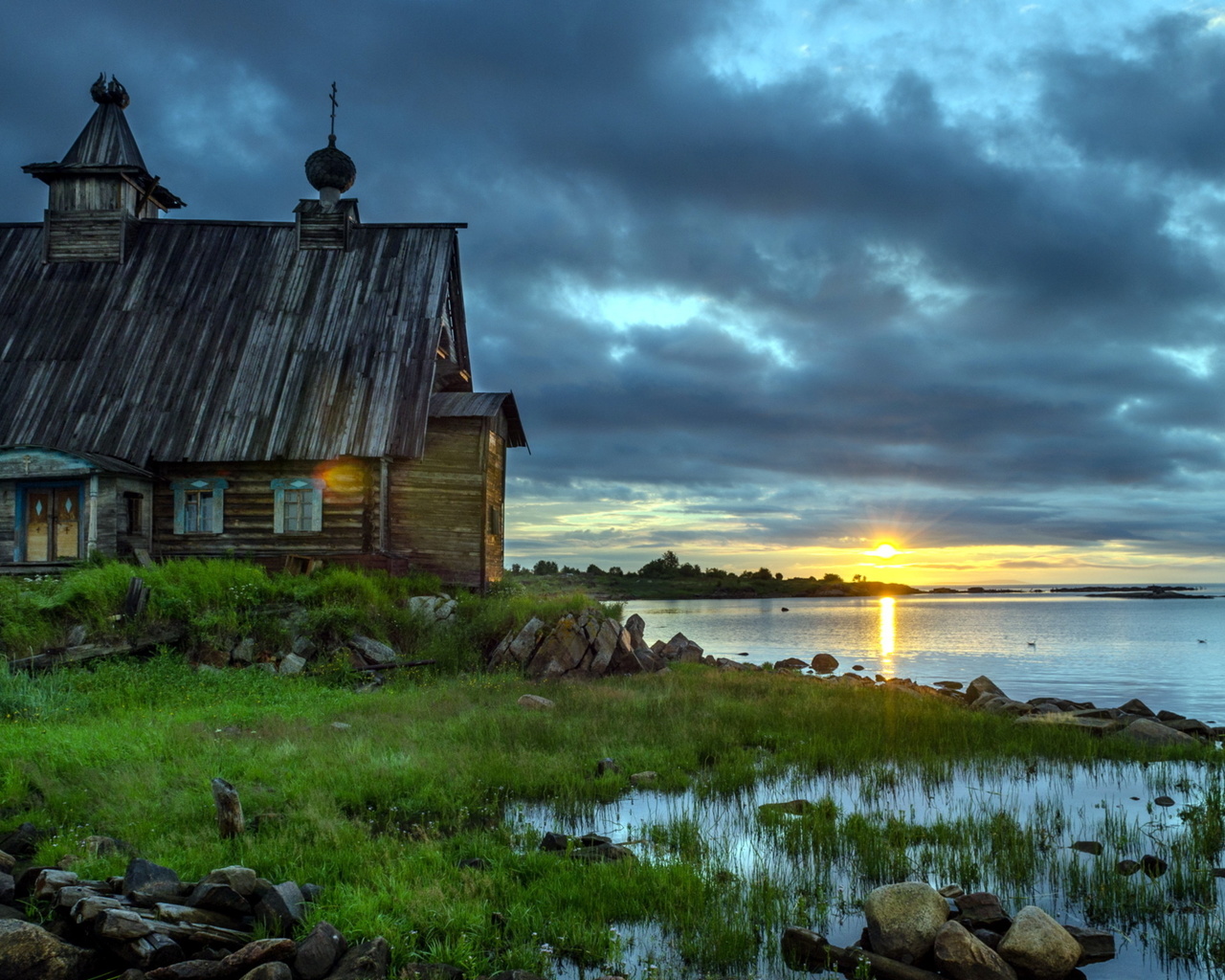 house, old, lake, water, grass, sky