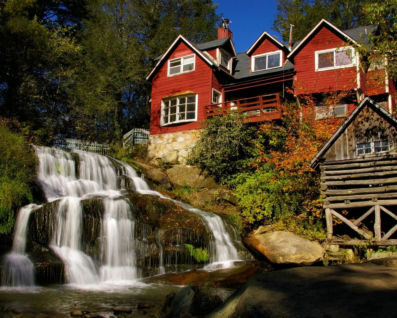 house, waterfalls, river, forest, tree, water, green