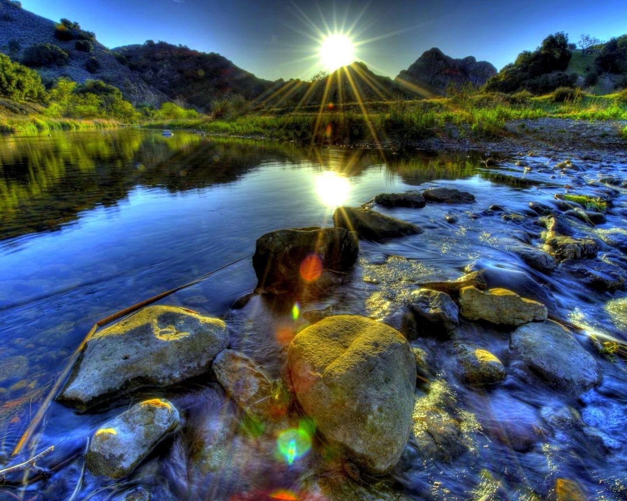 summer, sunrise, water, river, rock, grass