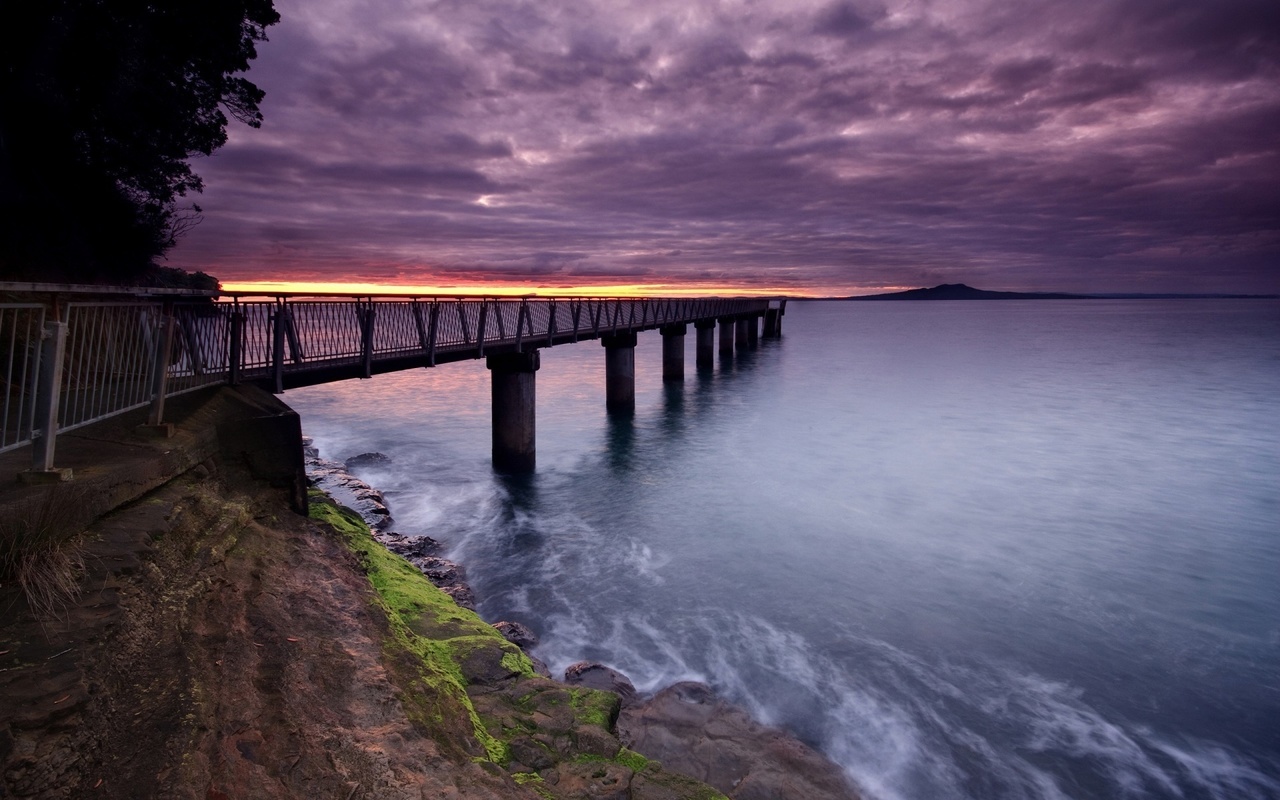 bridge, water, city, road, purple