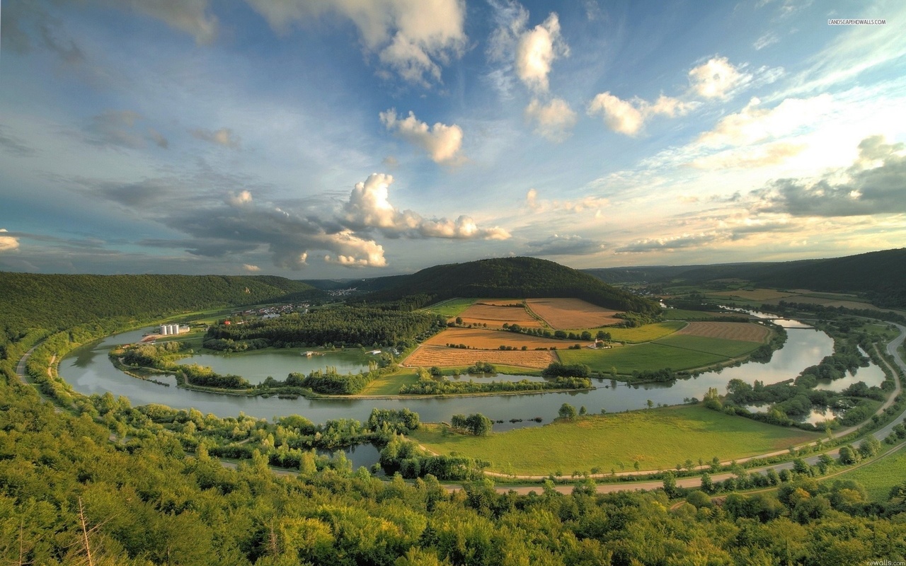 delta, river, town, tree, water, grass, mountain, green, naturals