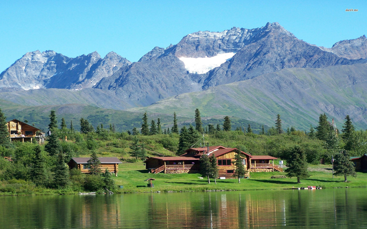 lake, housess, mountain, water, tree, grass