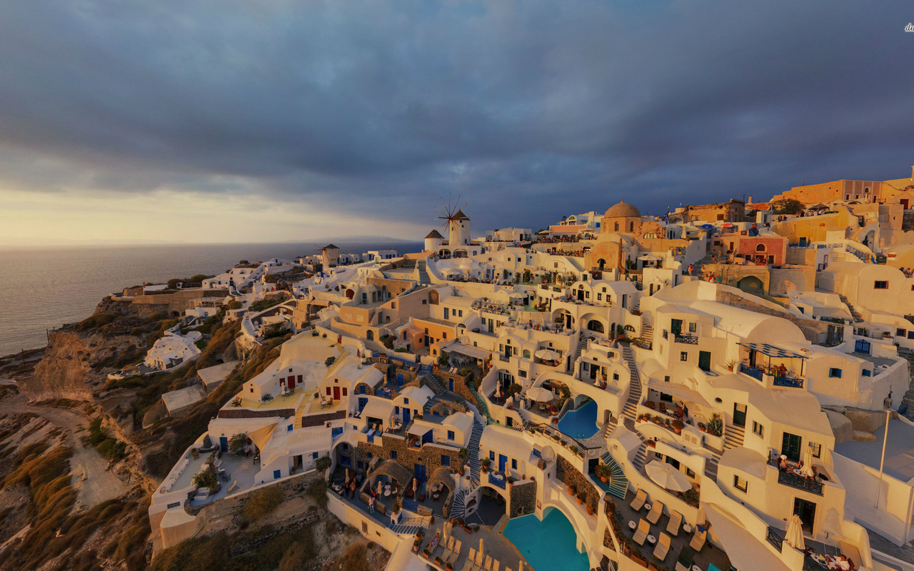 santorini, houses, beach, rock, pool