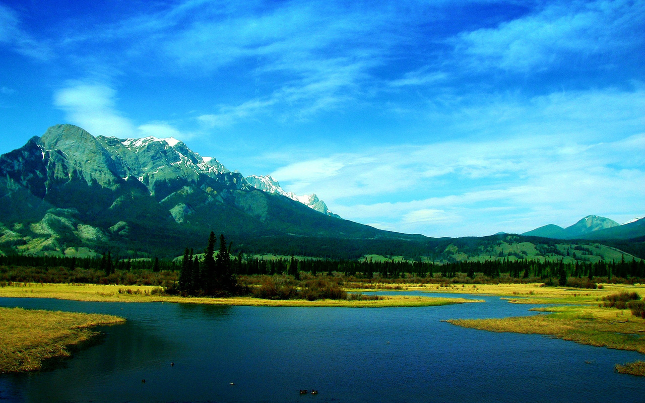 lake, mountain, tree, forest, water, sky, blue