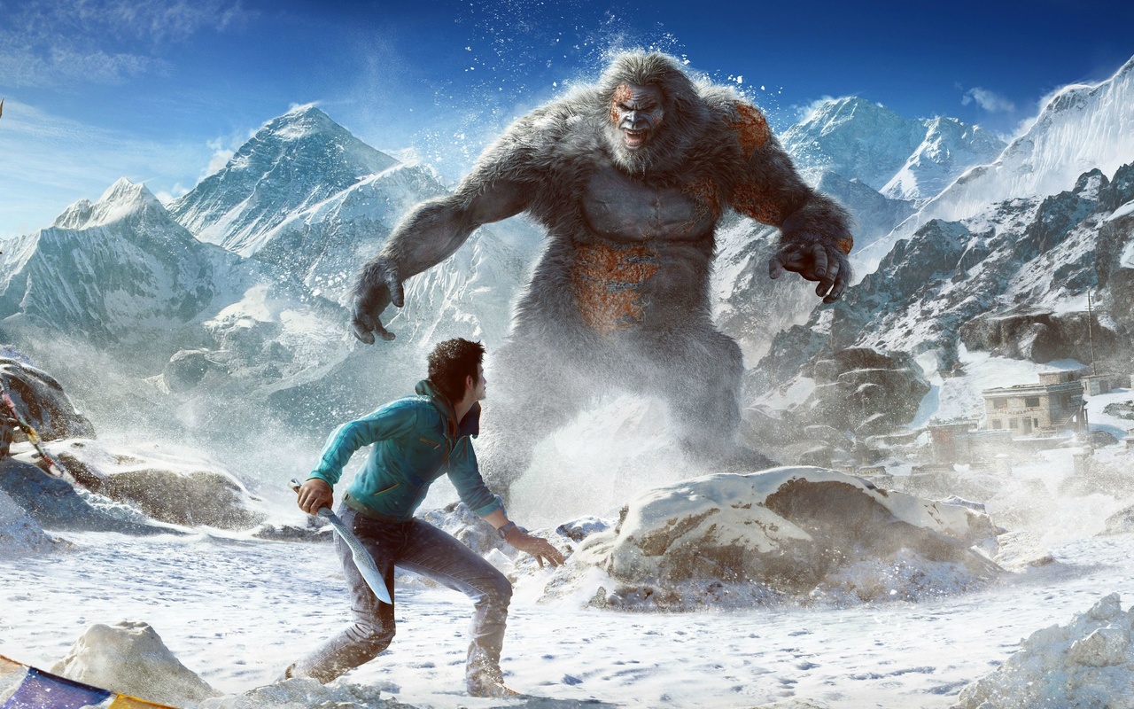 Картинки far cry 4, valley of the yetis, far cry 4, ubisoft, аджай гейл,  облака, горы, снег, взгляд, кират, снежный Человек, мех, оружие, небо, йети,  dlc - обои 1280x800, картинка №132052