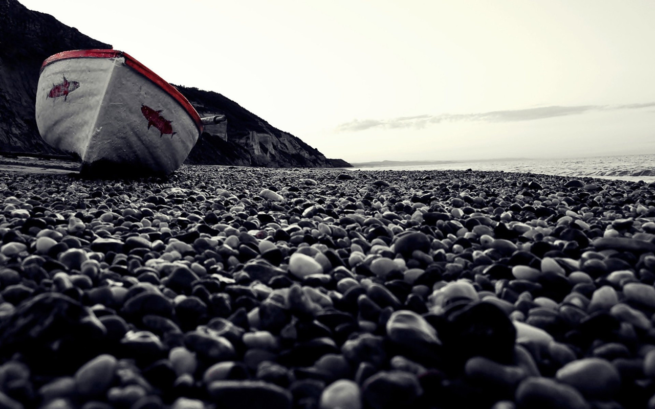 boat, old, beach, rocks, sand, ocean