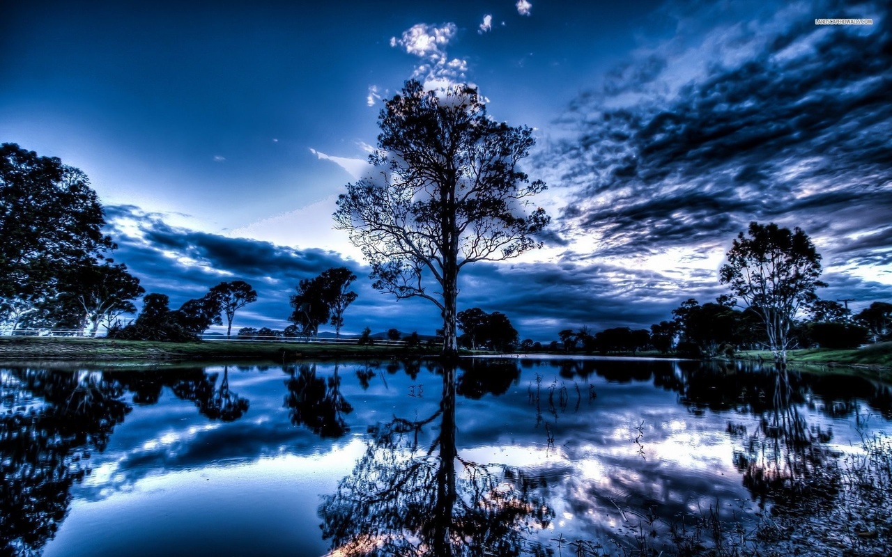 sky, clouds, blue, water, lake, tree, reflextion