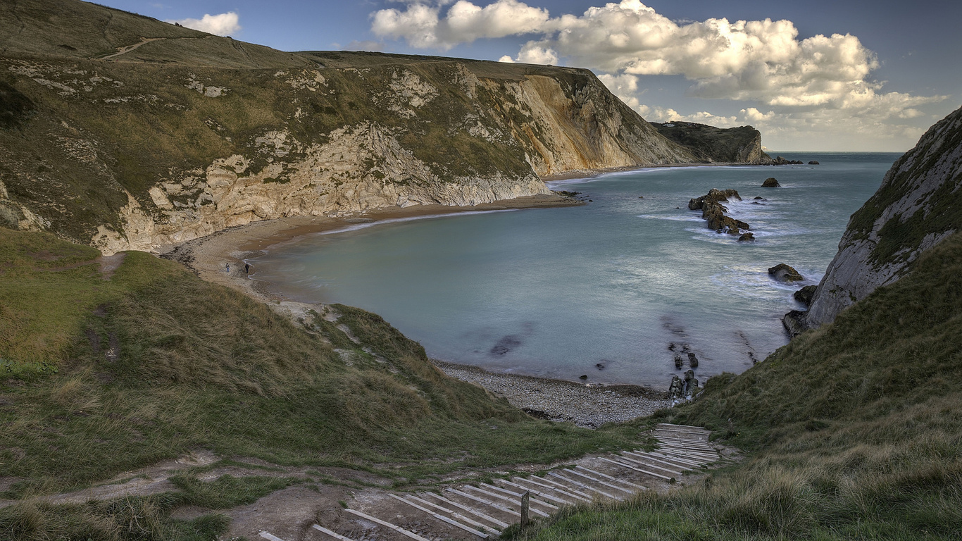 ocean, mountain, water, stand, path, grass