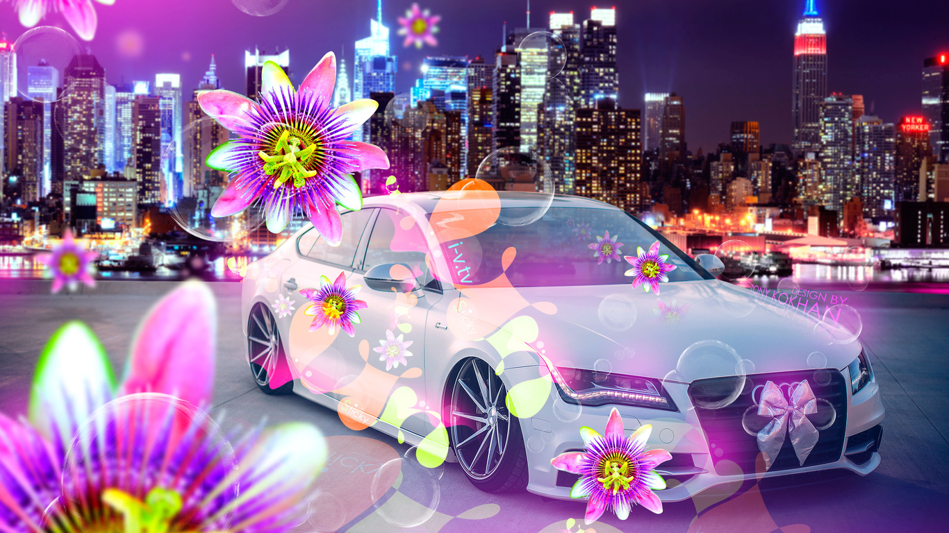 tony kokhan, audi, a7, tuning, el tony cars, creative, 4k, wallpapers, design, art, style, glamour, ino vision, tv, city, flowers, effects, multicolors, pink, neon, auto, photoshop, march 8, holiday, for, girls, bubble, night,  , , , 