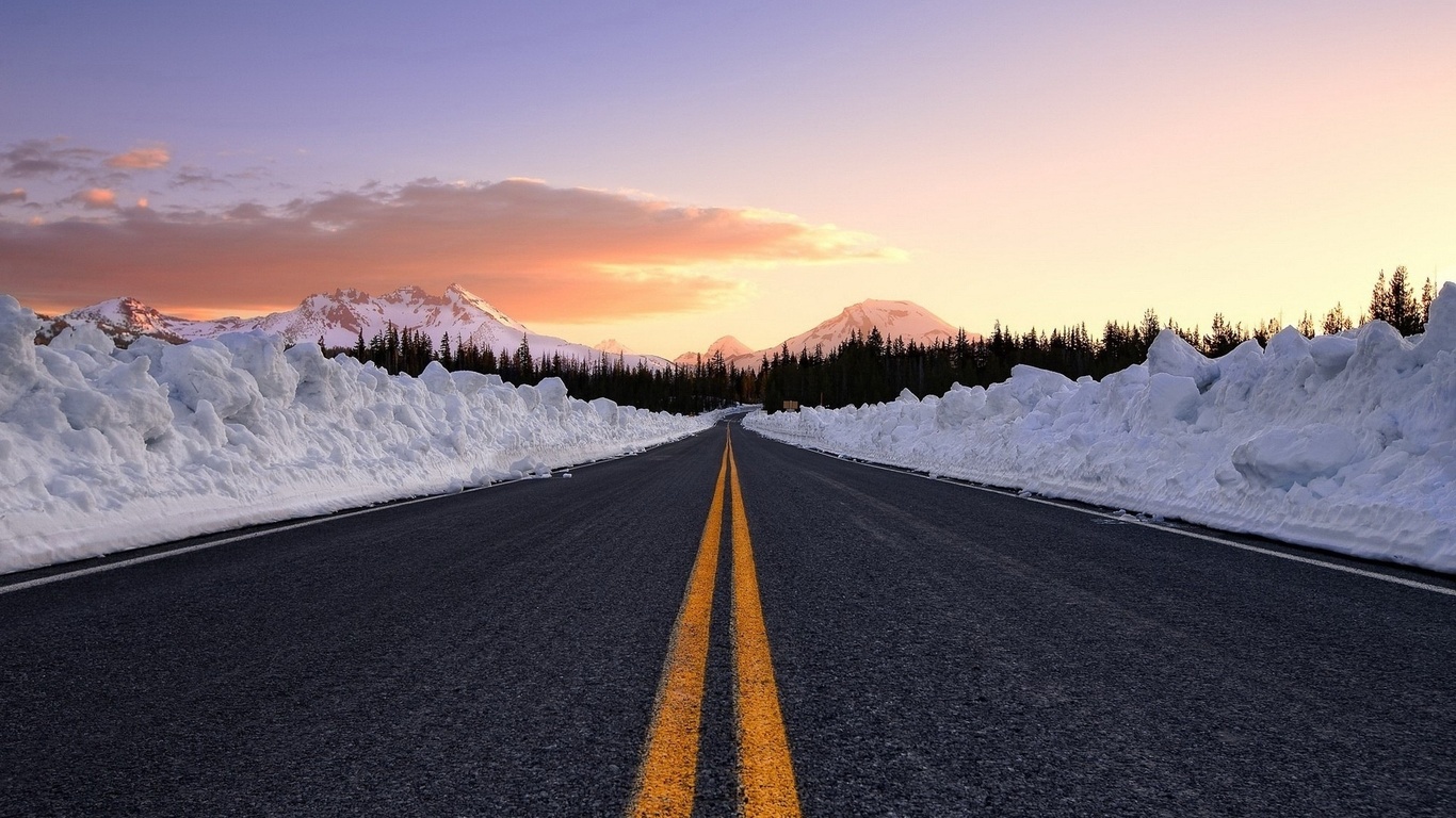 road, winter, mountain, sky, tree, clouds