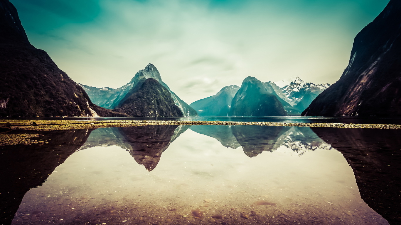 lake, mountain, water, sky, clouds, reflection