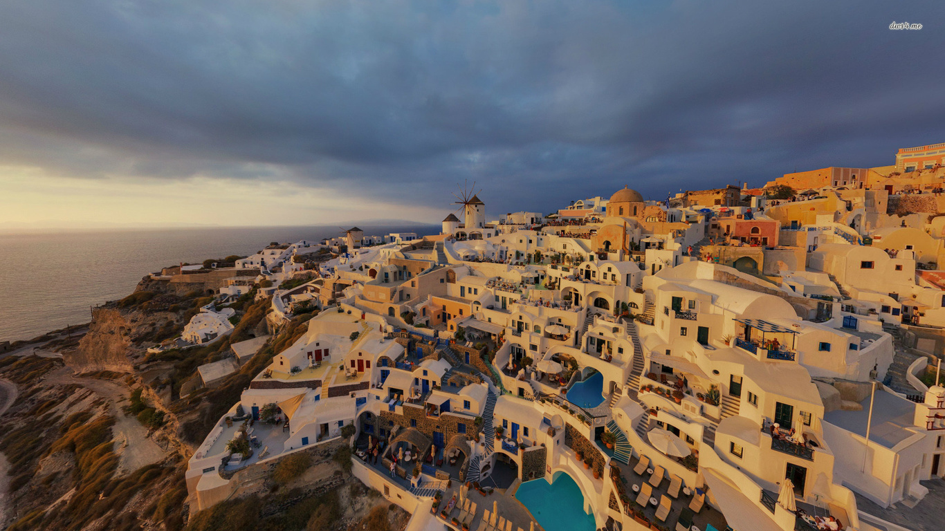 santorini, houses, beach, rock, pool