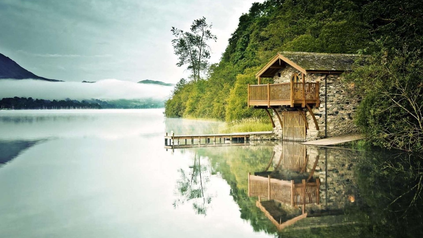 house, shore, lake, water, mist, tree