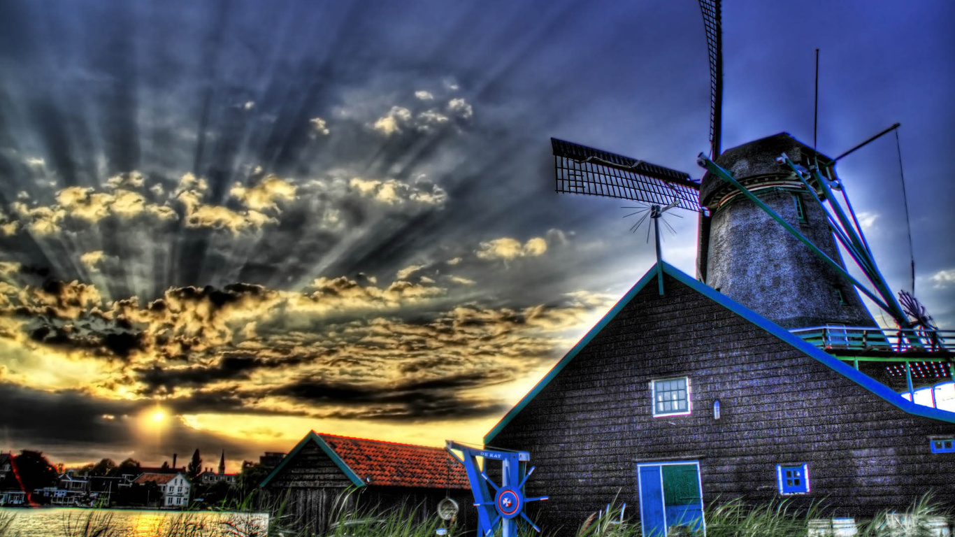 mills, sky, clouds, grass, house, sunlight, river