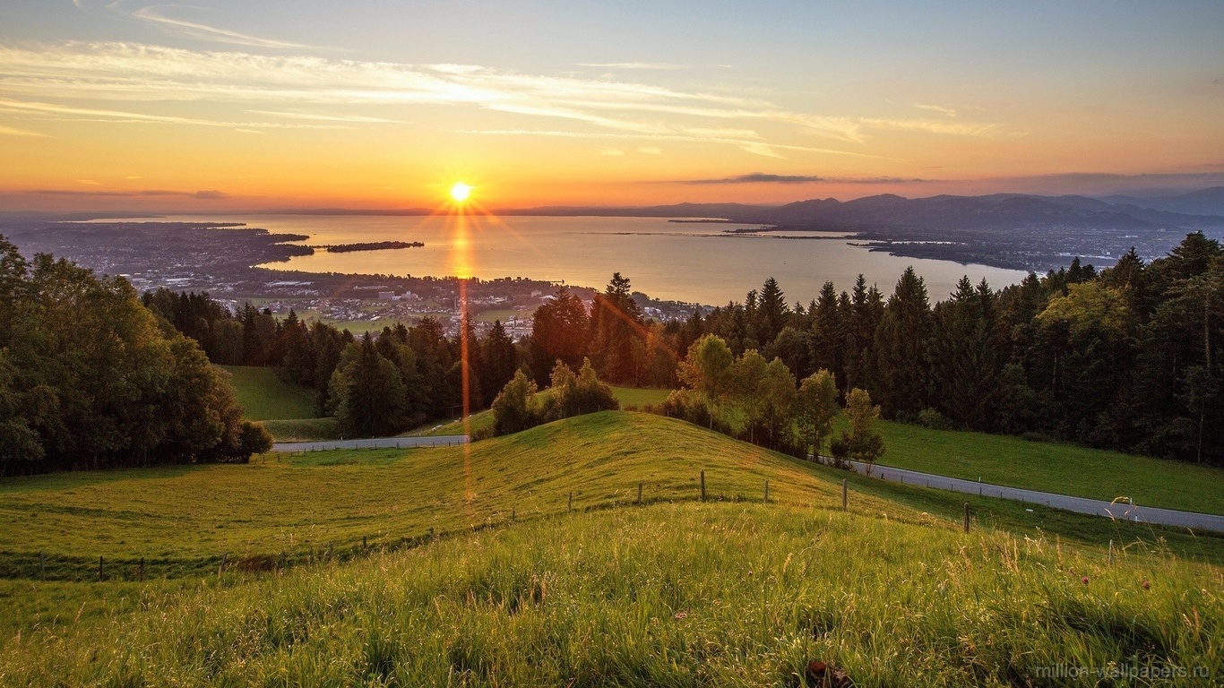 sunset, tree, mountain, grass, sky, clouds, hills, ocean