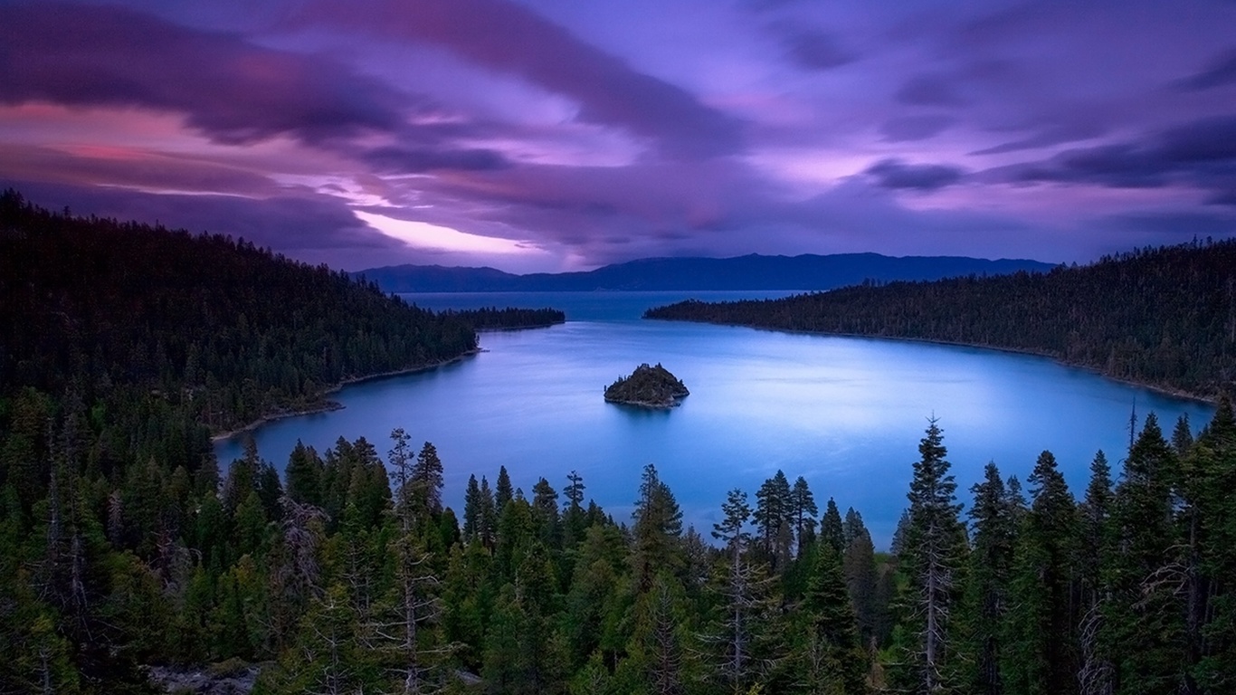 lake, purple, water, sky, clouds, mountain