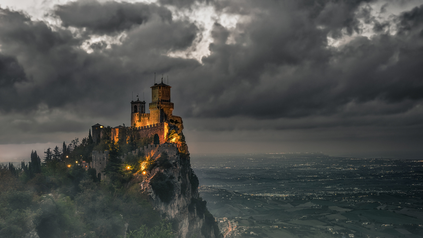 daniele rossi, castle, fog, fujifilm, landscape, night, night photography, nightscape, san marino, hd