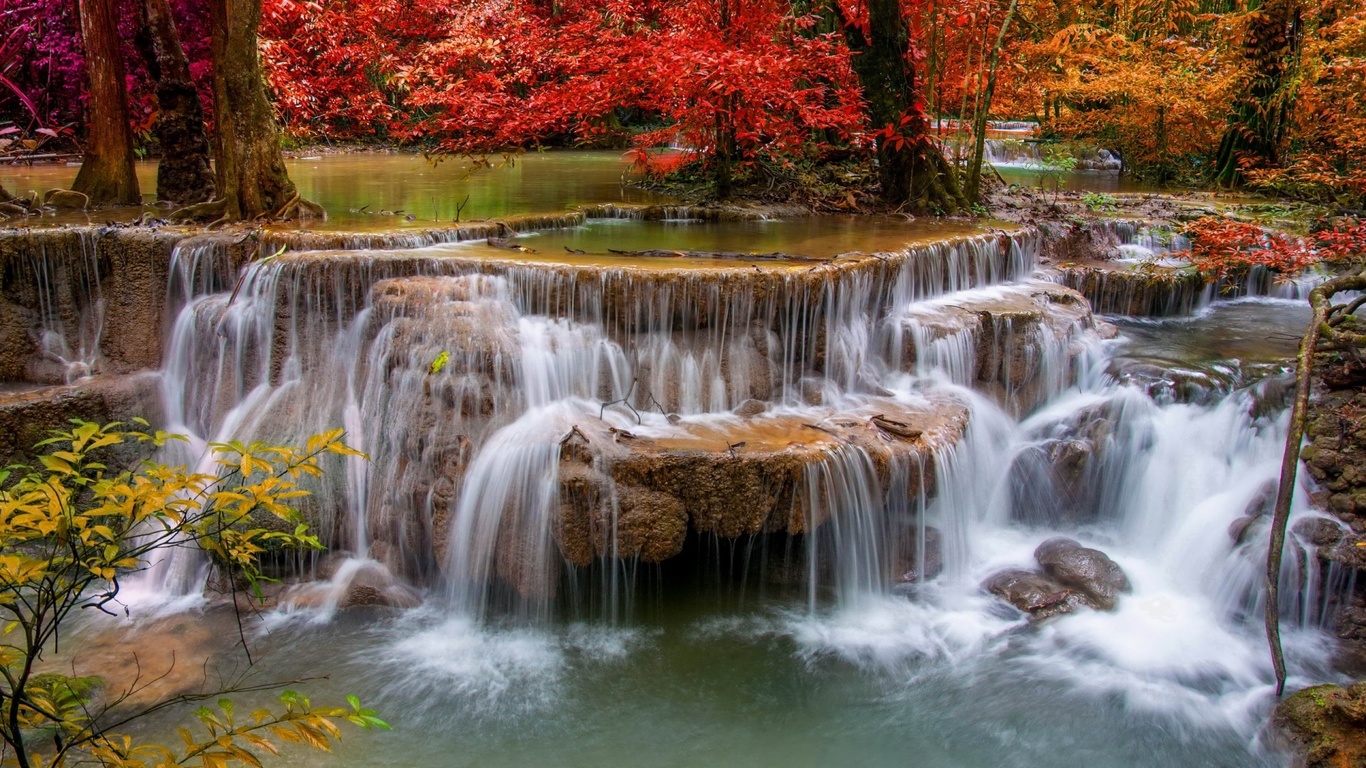 waterfall, river, colors, tree, water, forest, rock