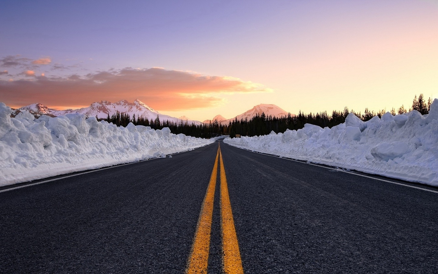 road, winter, mountain, sky, tree, clouds