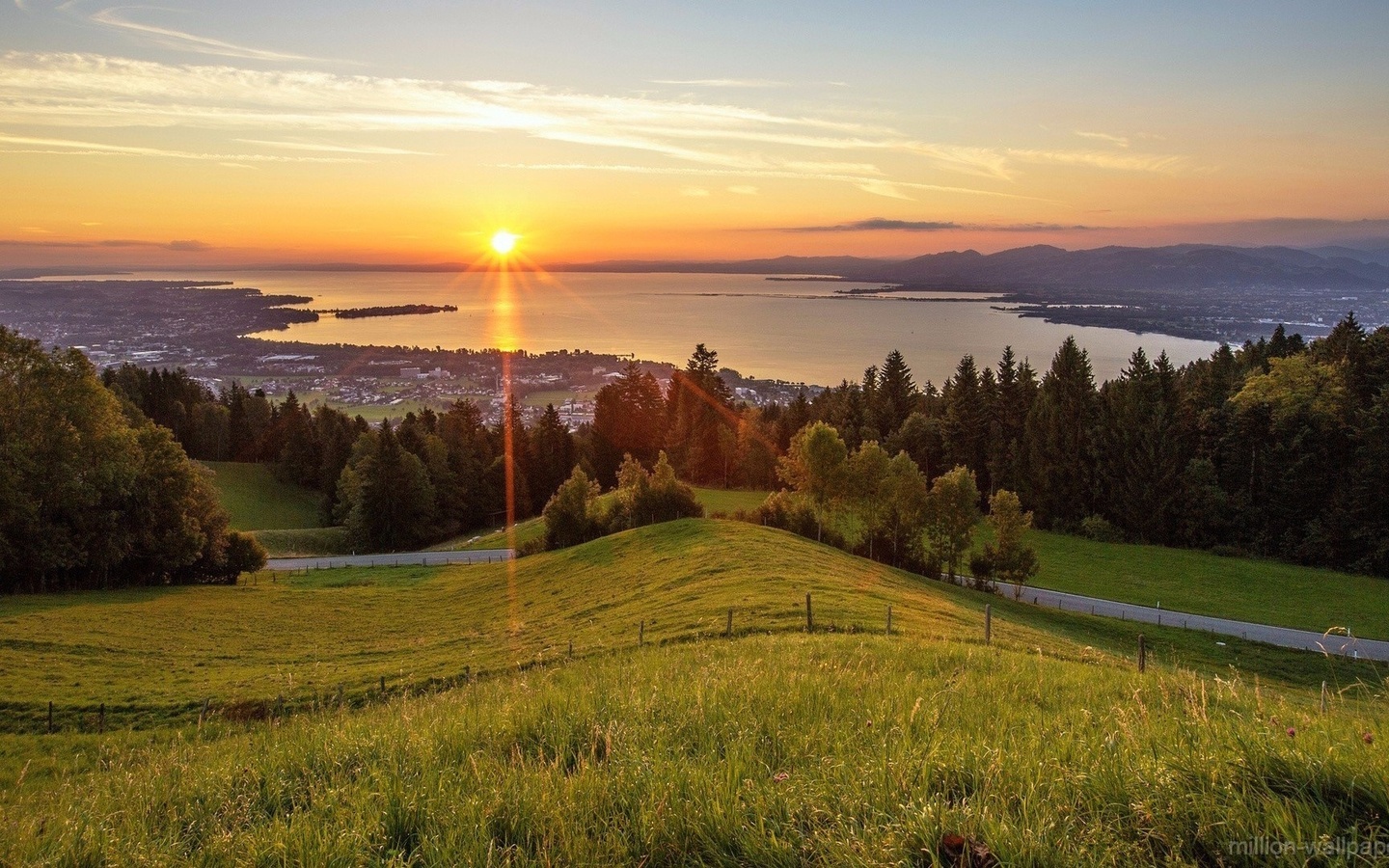 sunset, tree, mountain, grass, sky, clouds, hills, ocean