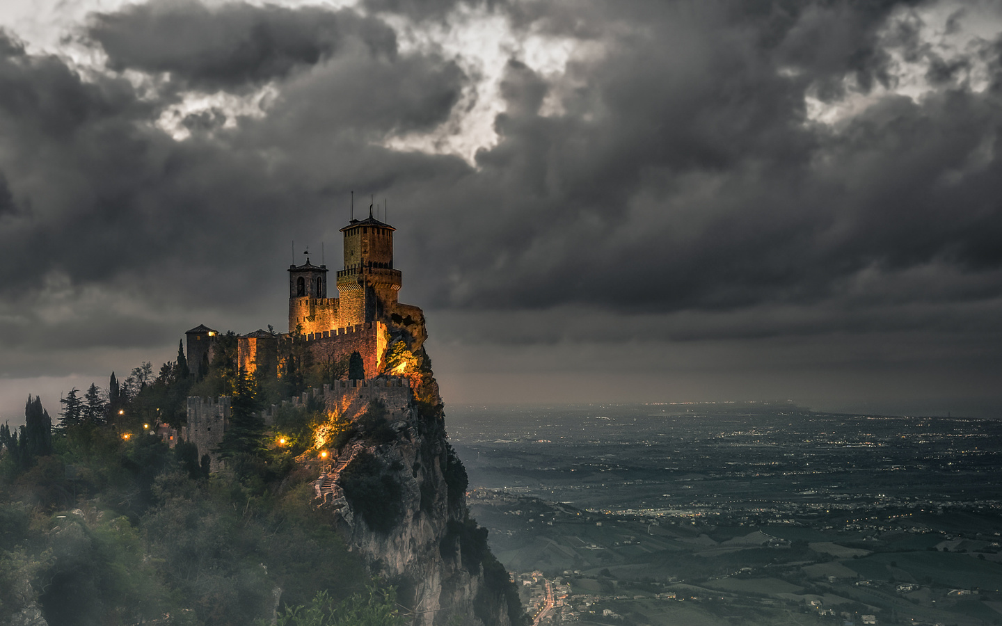 daniele rossi, castle, fog, fujifilm, landscape, night, night photography, nightscape, san marino, hd