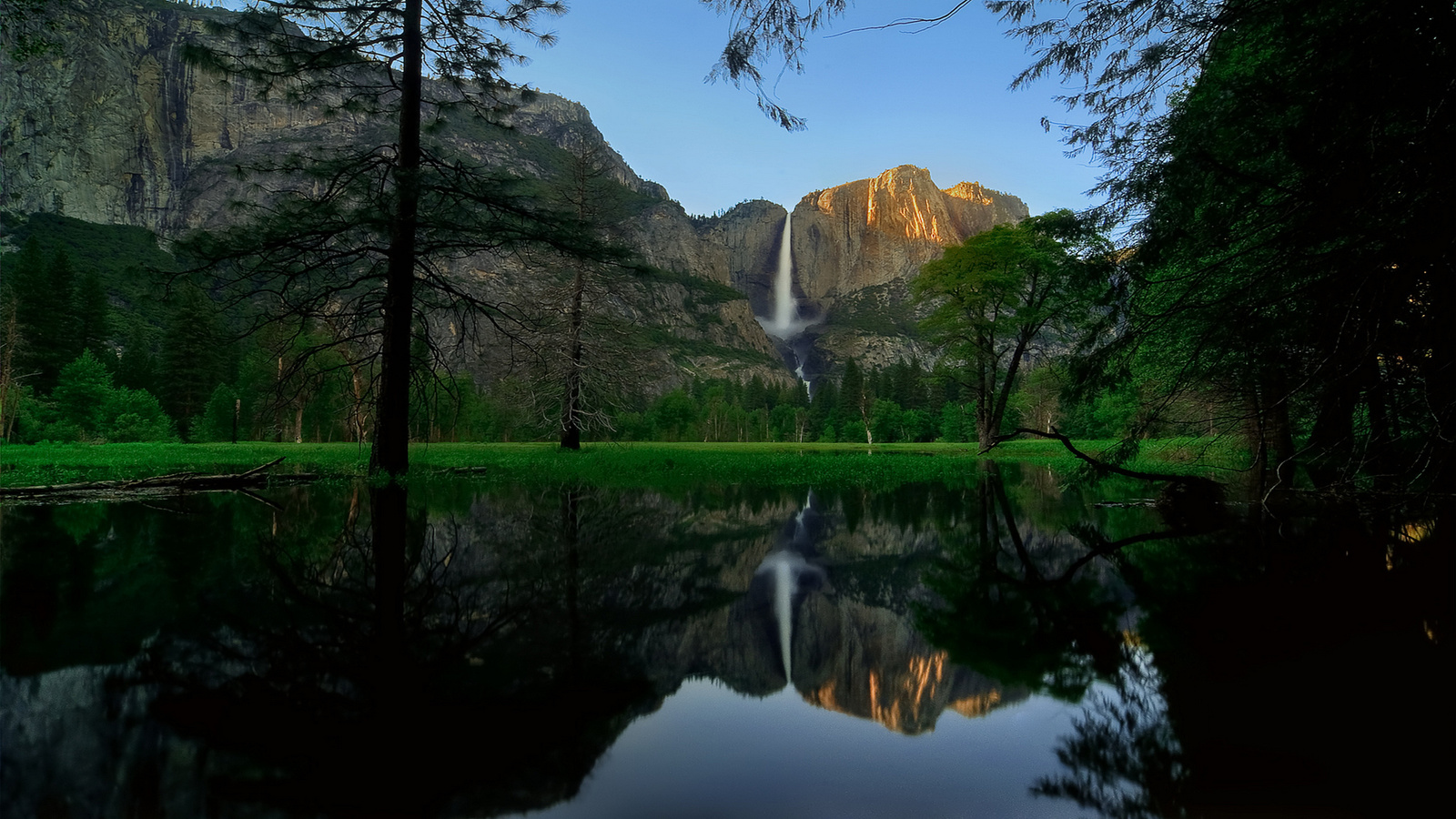 waterfall, mountain, water, river, rock, yosemite, tree