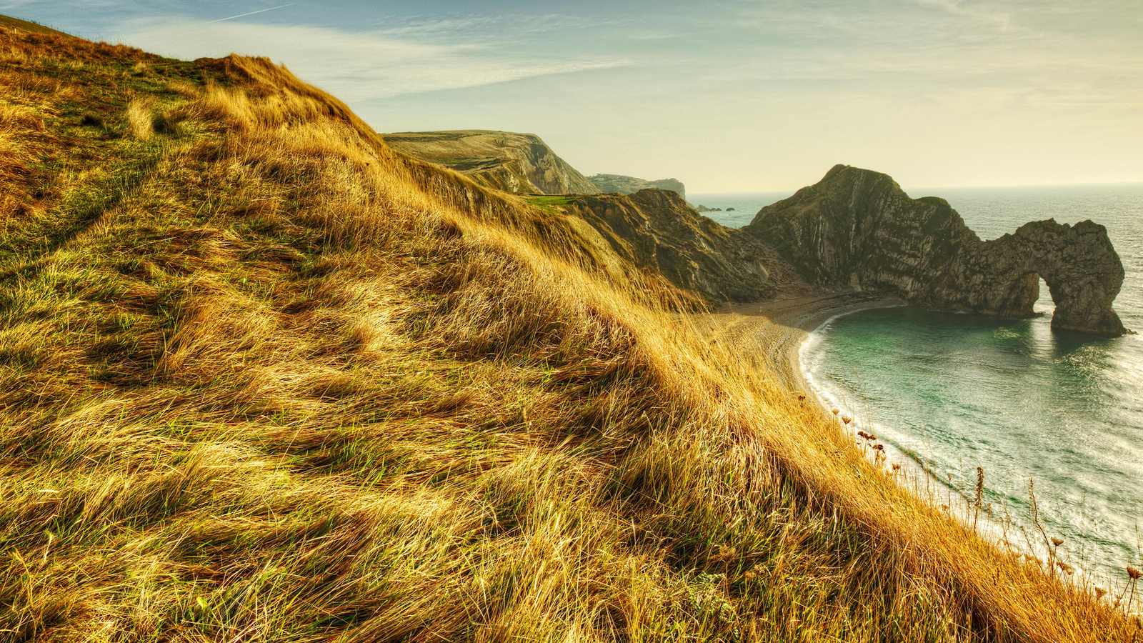 grass, rock, ocean, water, sky, sea