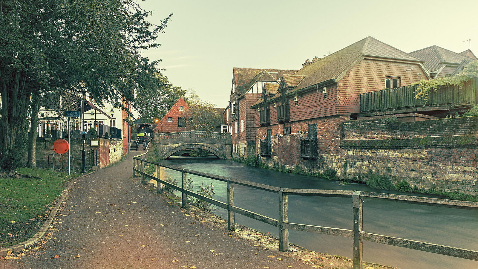 river, houses, tree, park, bench, water, autumn