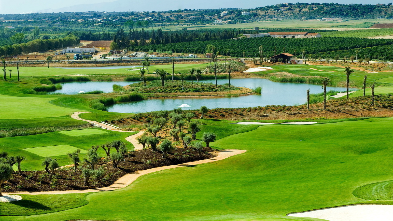 field, golf, lake, bridge, palm, grass, water, hills, tree, turks