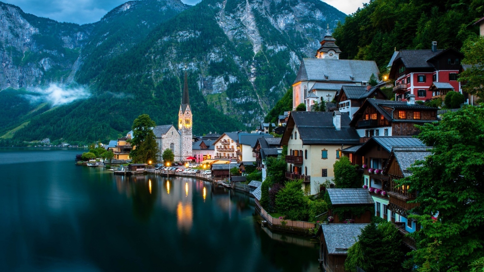 hallstatt, austria, lake, water, mountain, tree, light