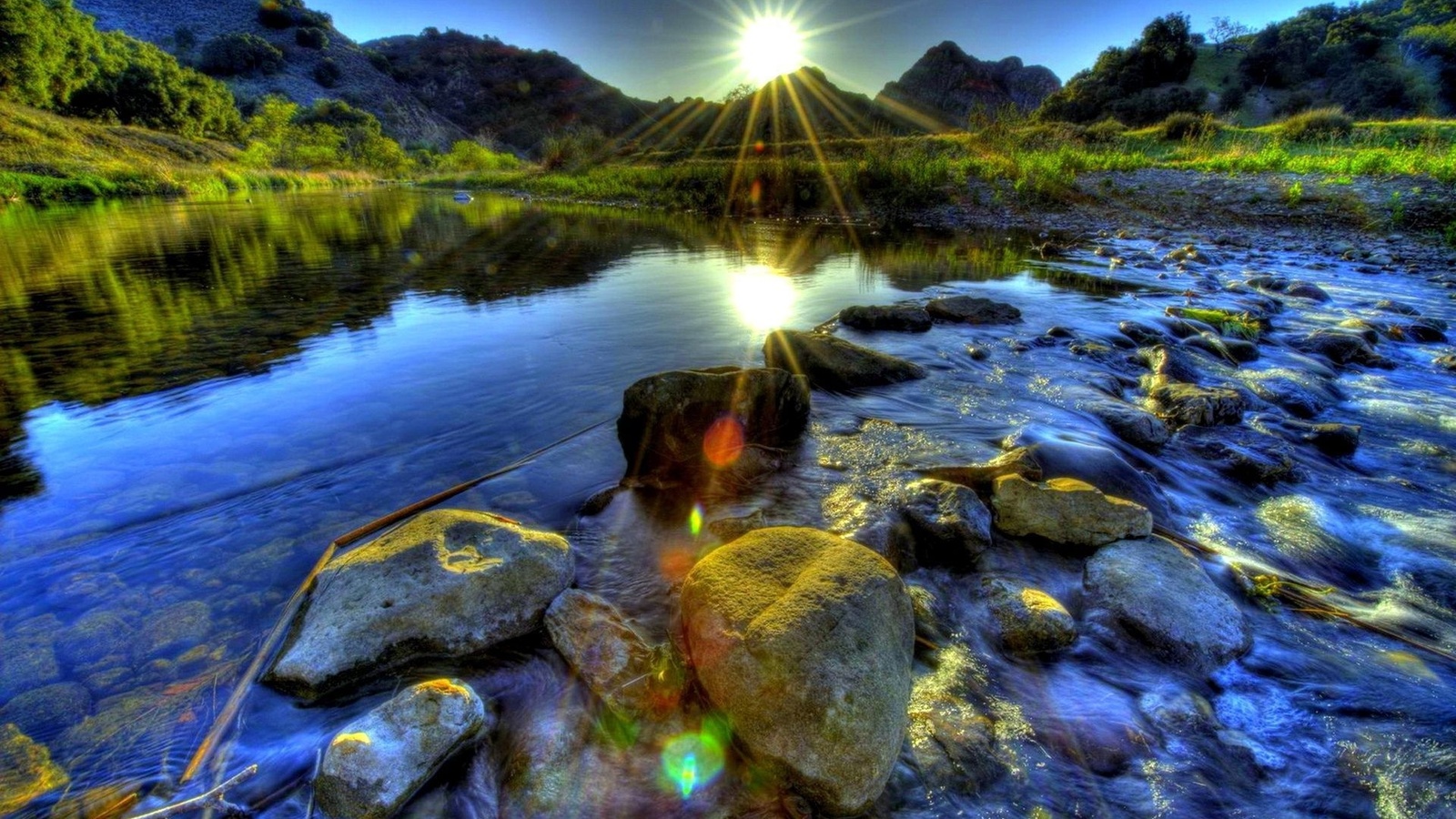 summer, sunrise, water, river, rock, grass