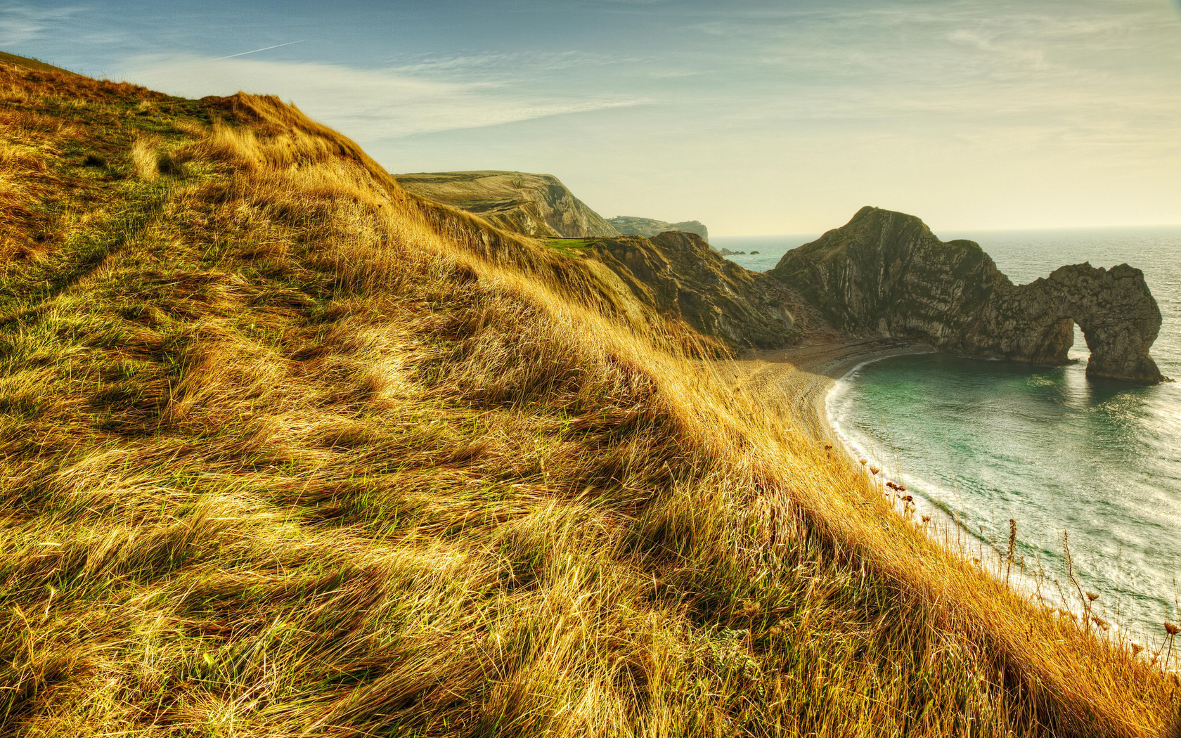 grass, rock, ocean, water, sky, sea