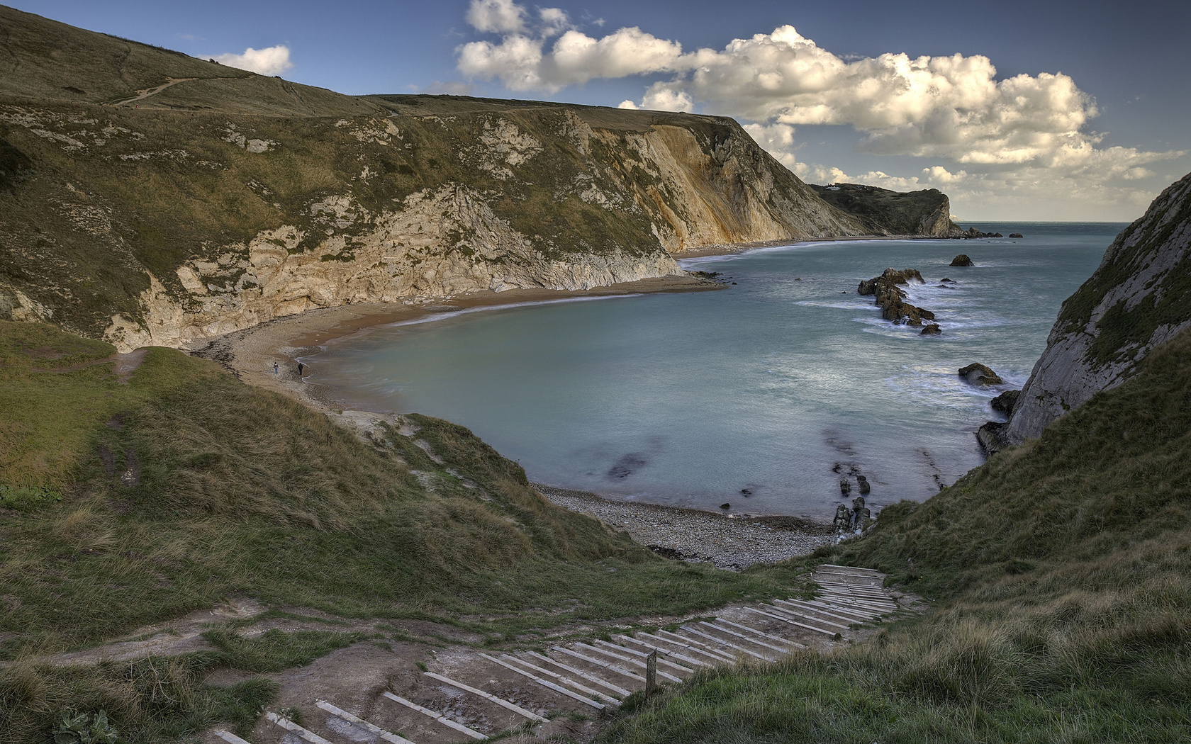 ocean, mountain, water, stand, path, grass