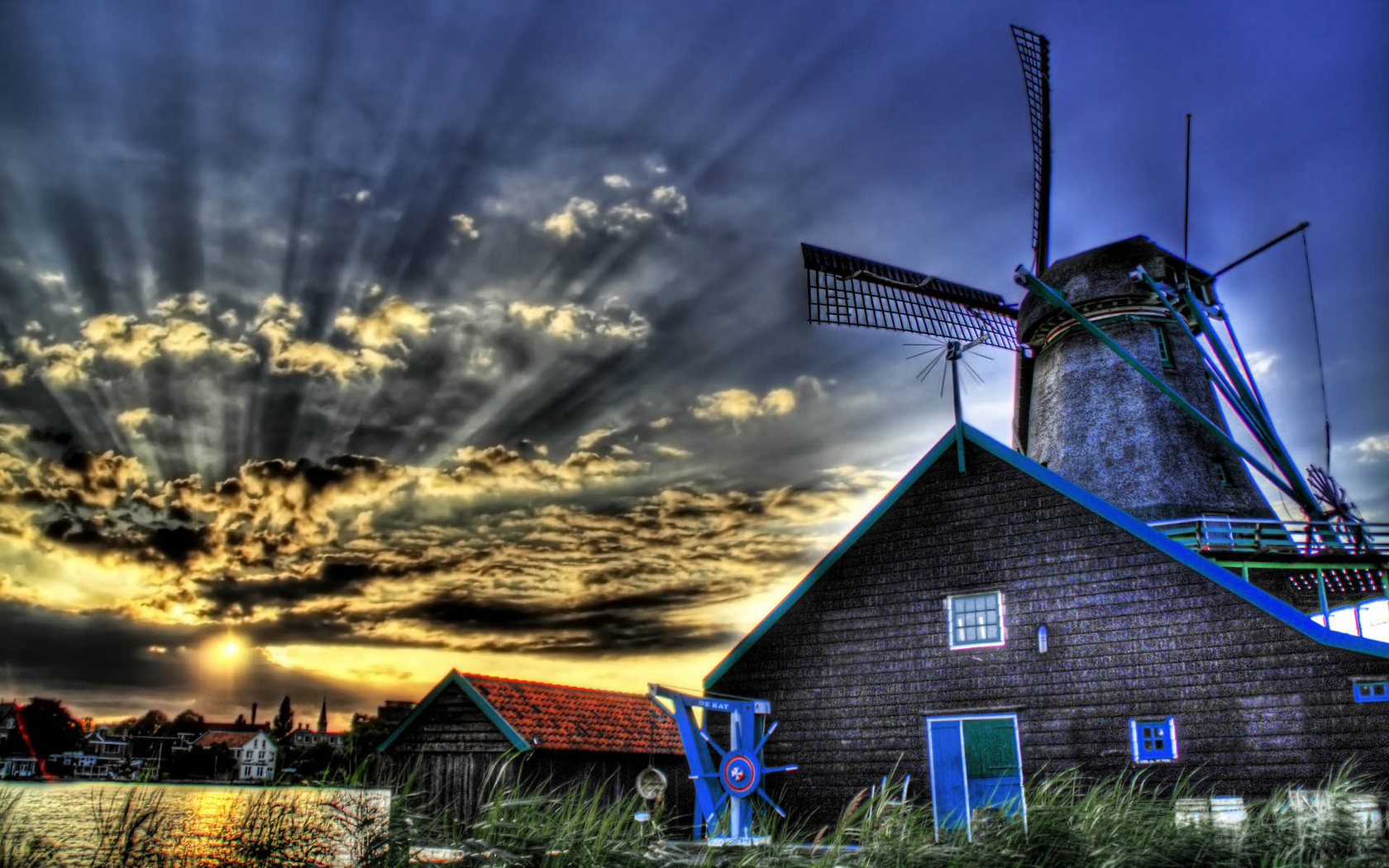 mills, sky, clouds, grass, house, sunlight, river