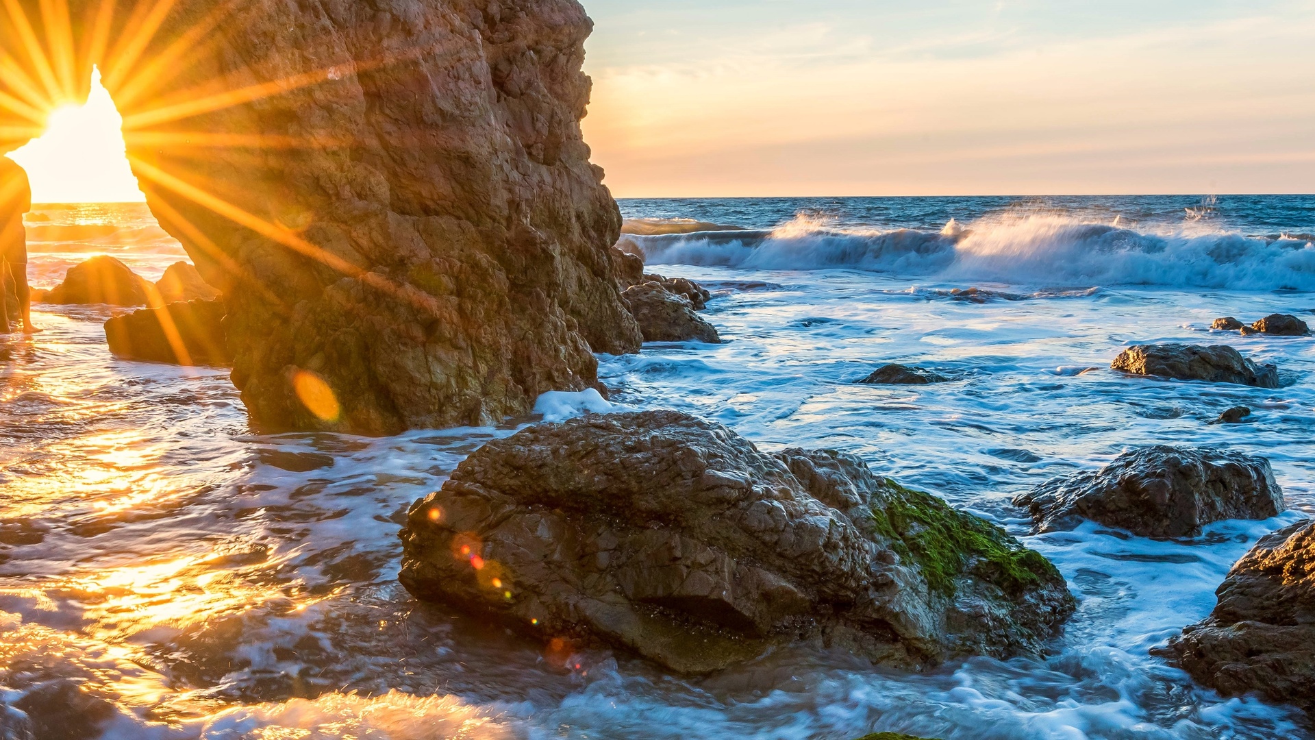 sunrise, rock, sun, ocean, water, sea, sky, beach, sand