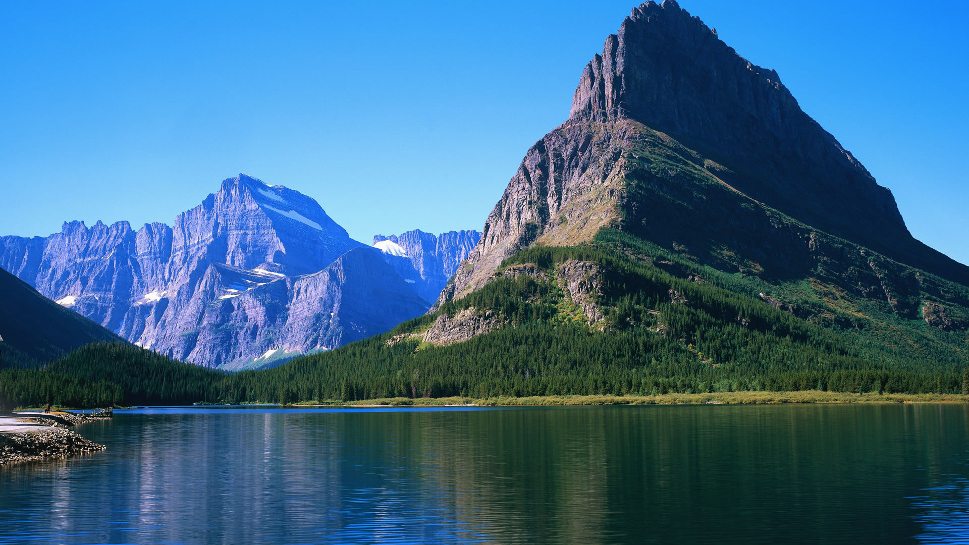 lake, mountain, tree, forest, water, sky, blue