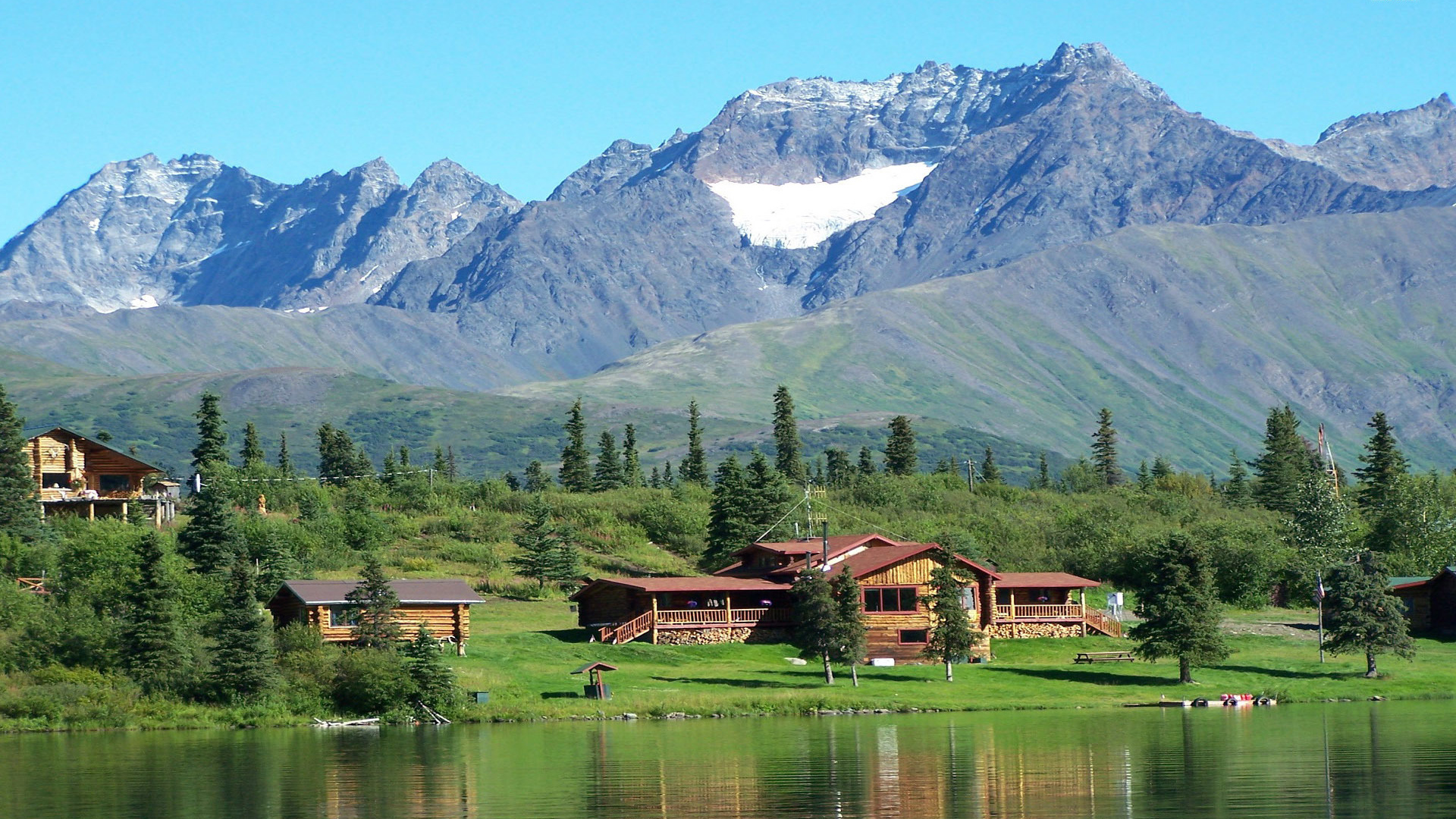 lake, housess, mountain, water, tree, grass