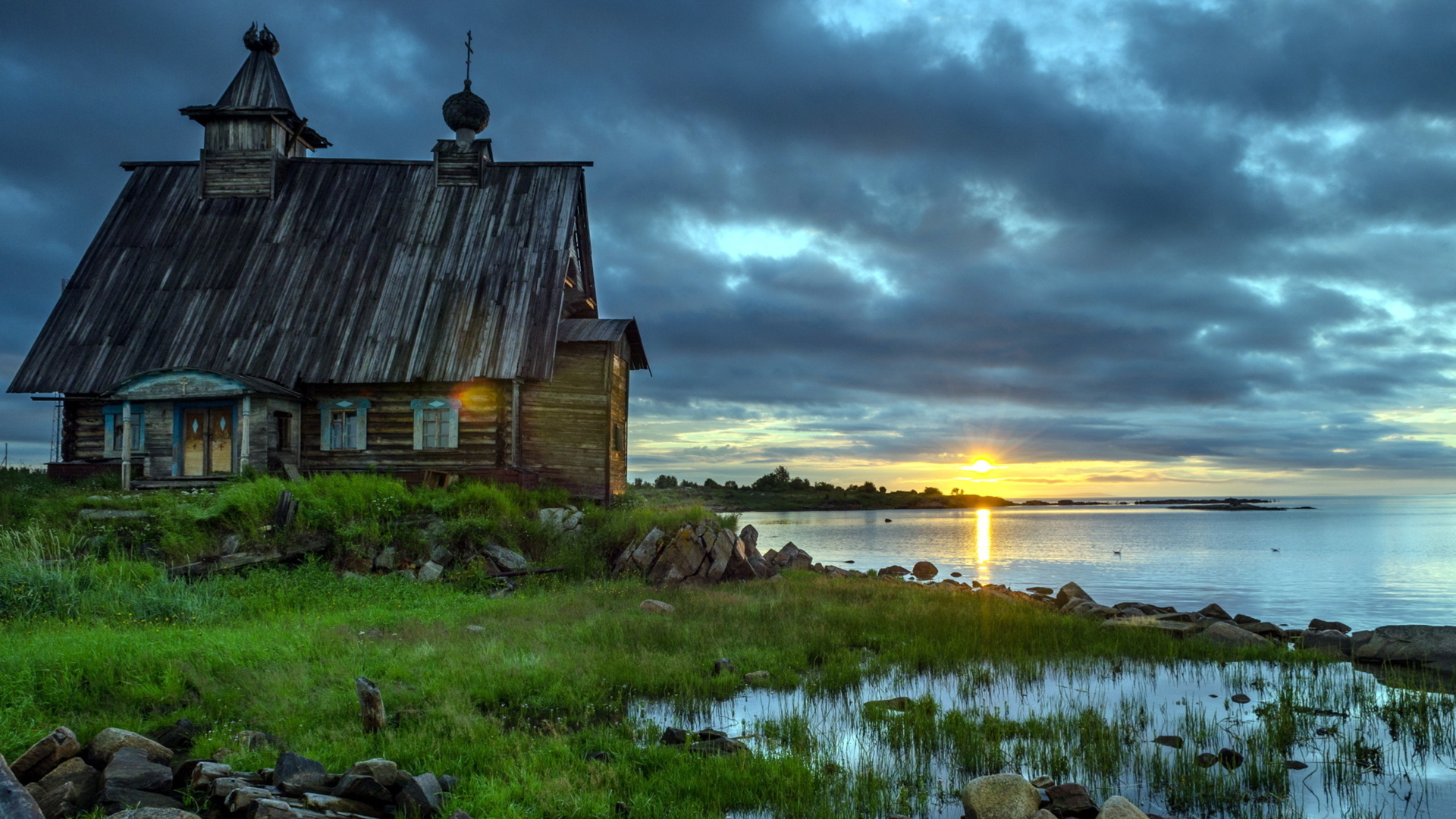 house, old, lake, water, grass, sky