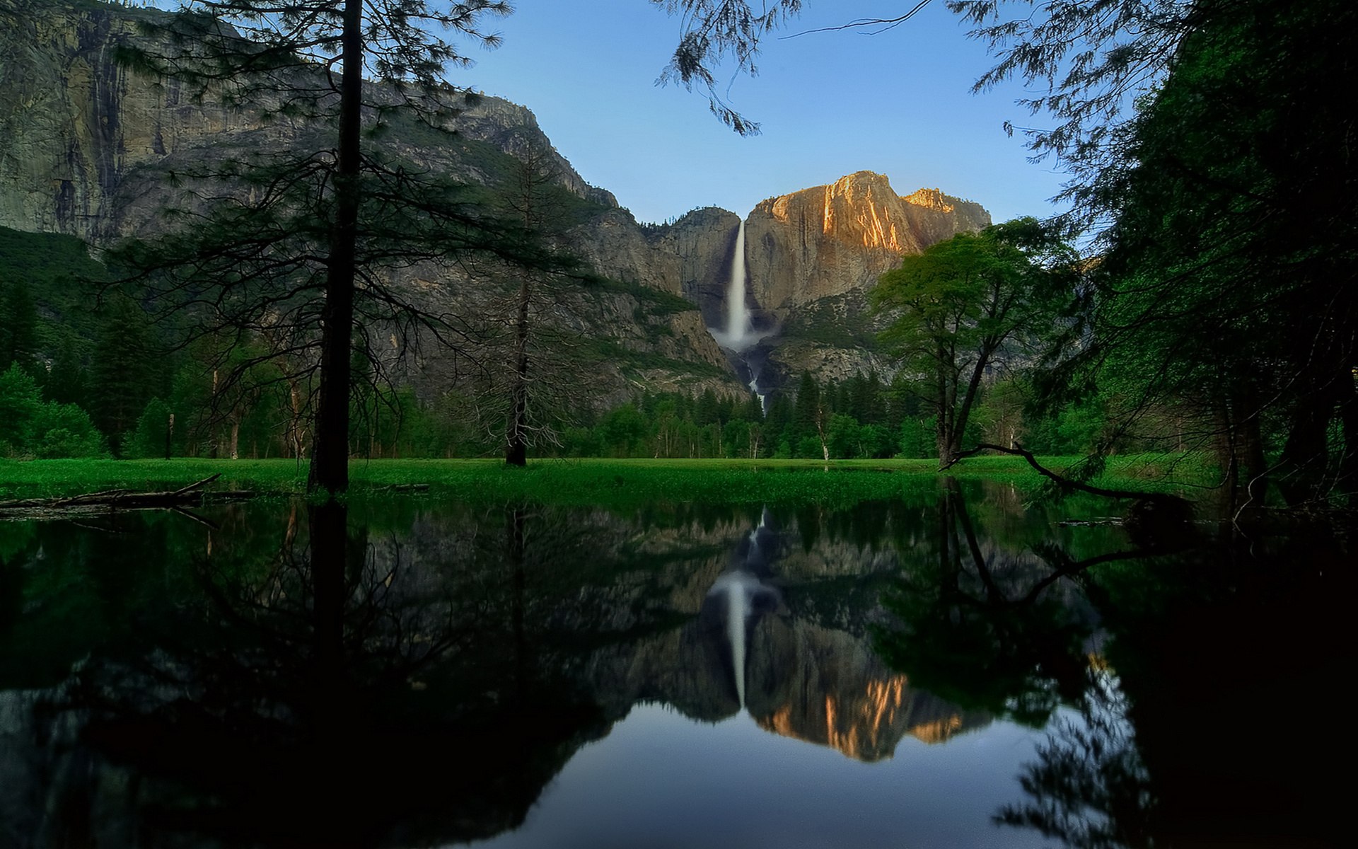 waterfall, mountain, water, river, rock, yosemite, tree