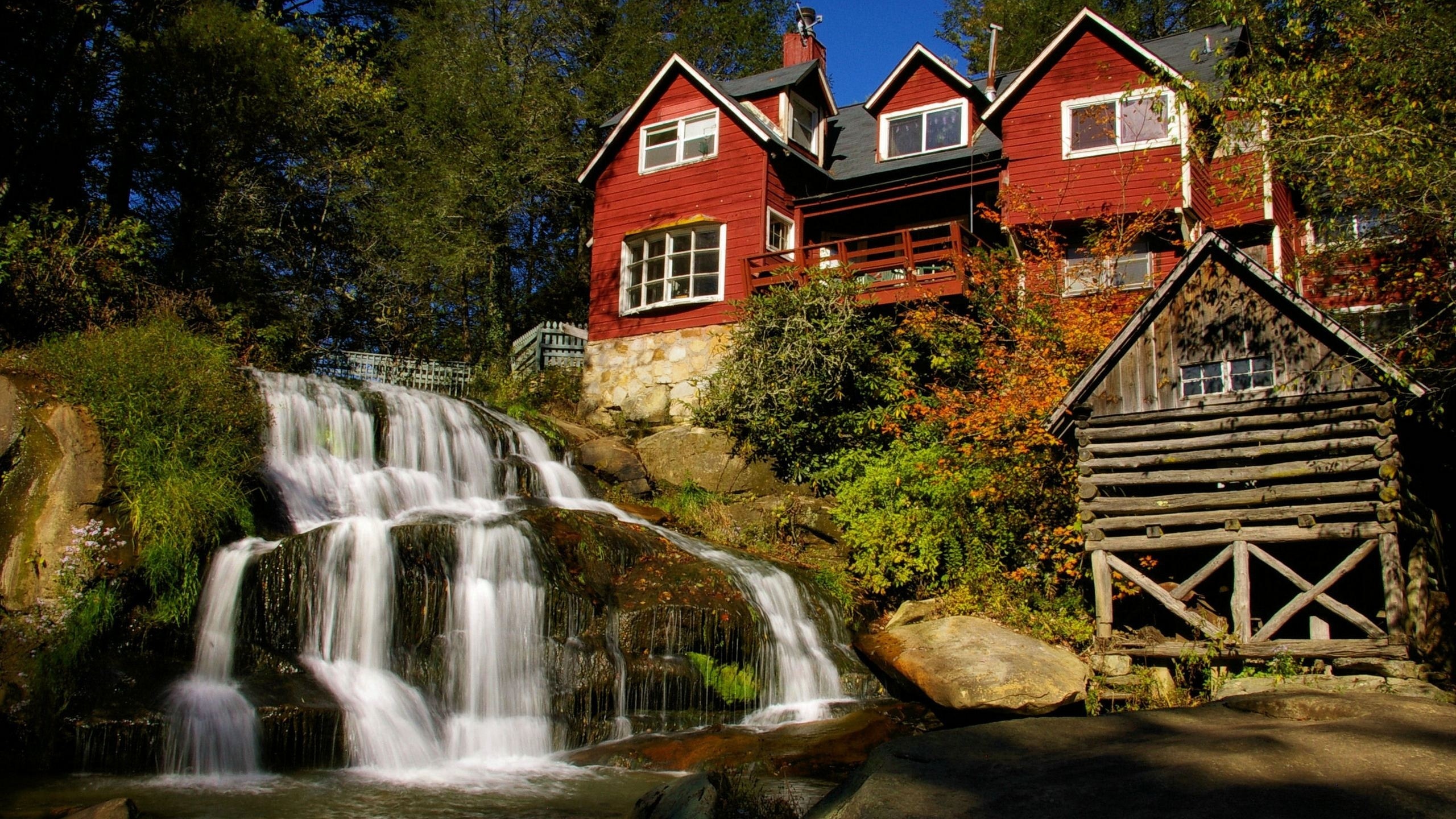 house, waterfalls, river, forest, tree, water, green