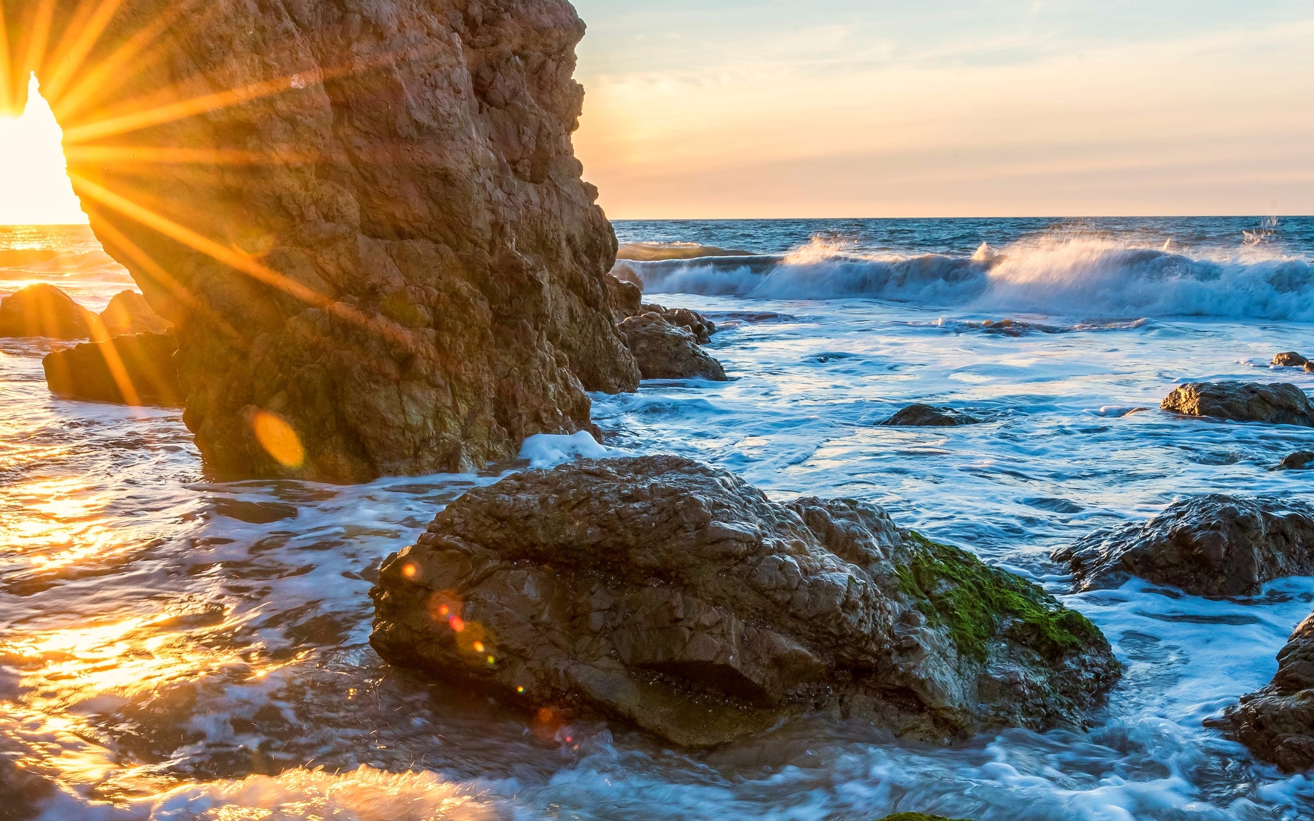 sunrise, rock, sun, ocean, water, sea, sky, beach, sand