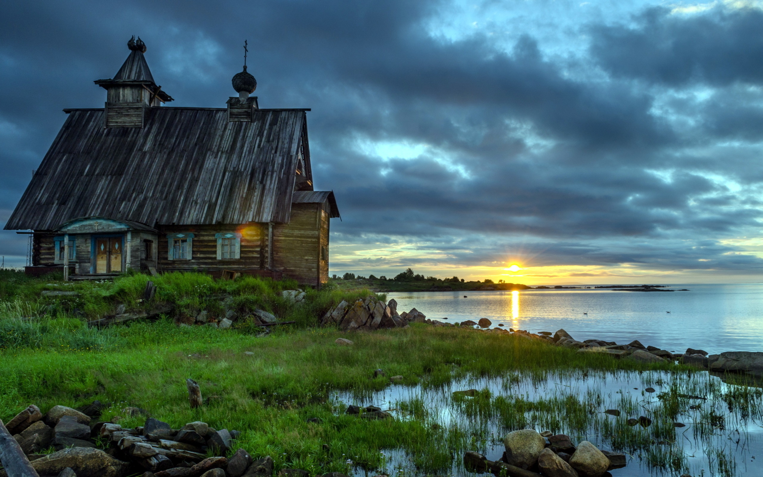 house, old, lake, water, grass, sky